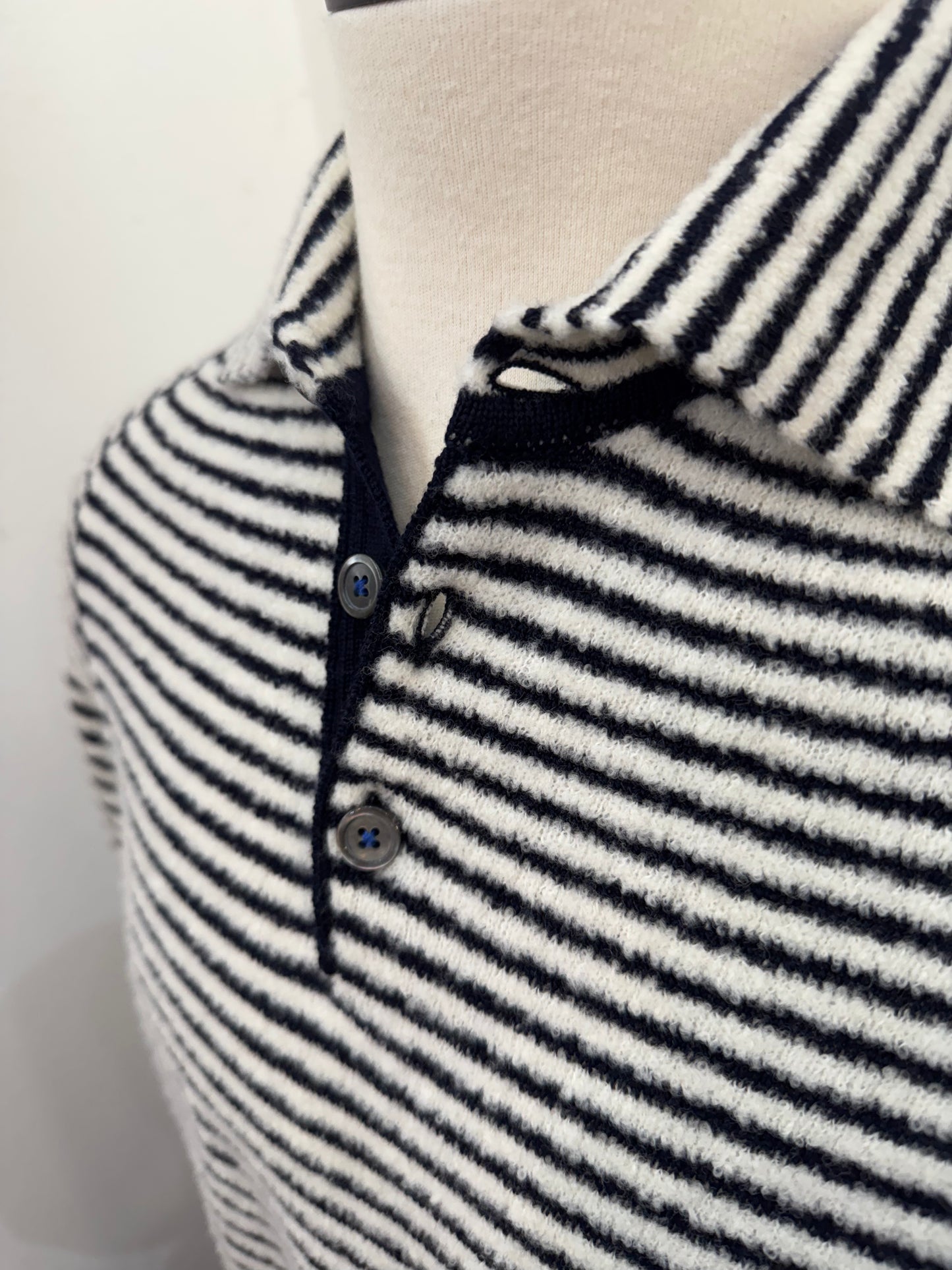 Gallia knit 3 button sweater. Striped black and white