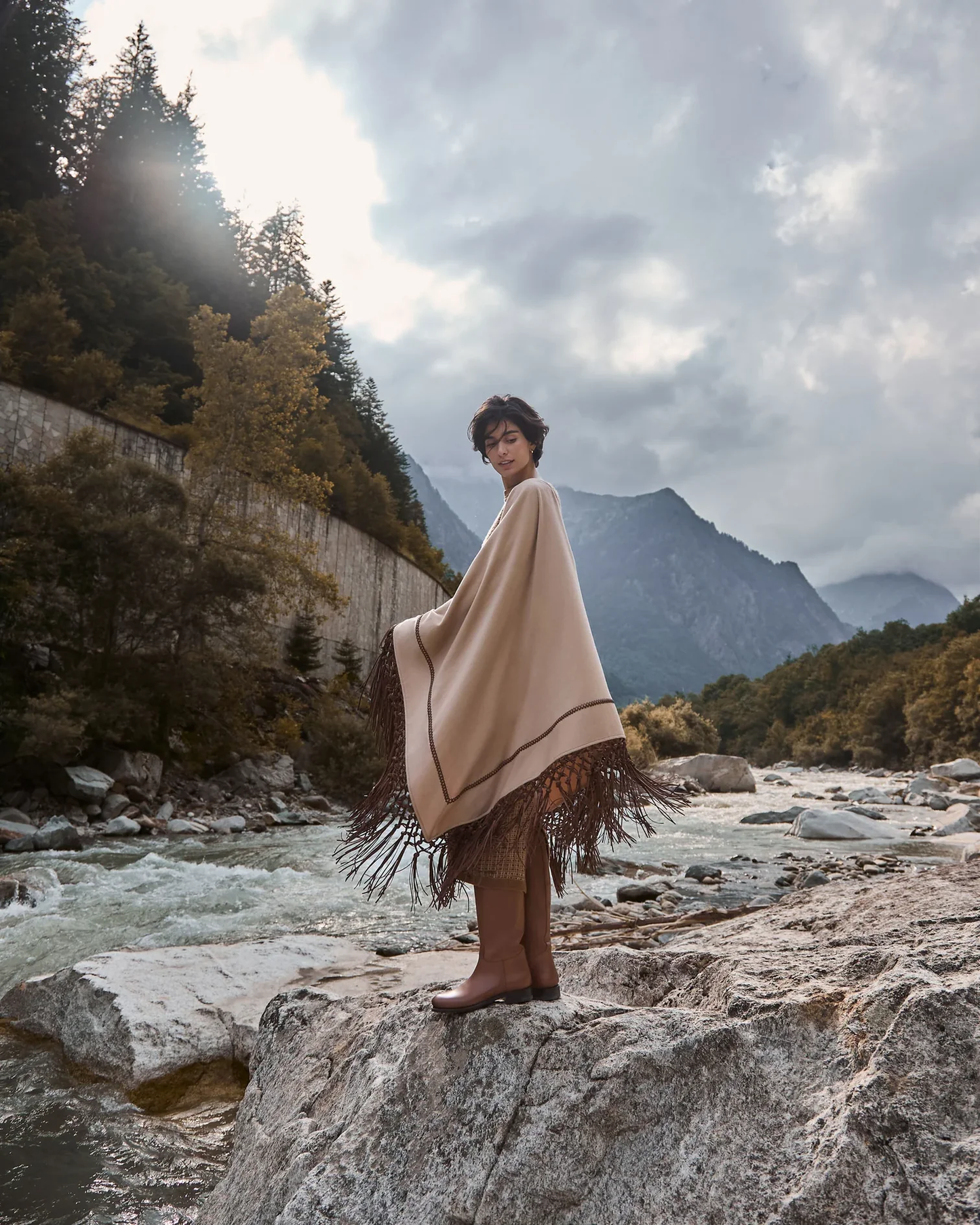 Columbo Cashmere (Camel) Triangle Shawl/Cape with Nappa Leather (Fringe)