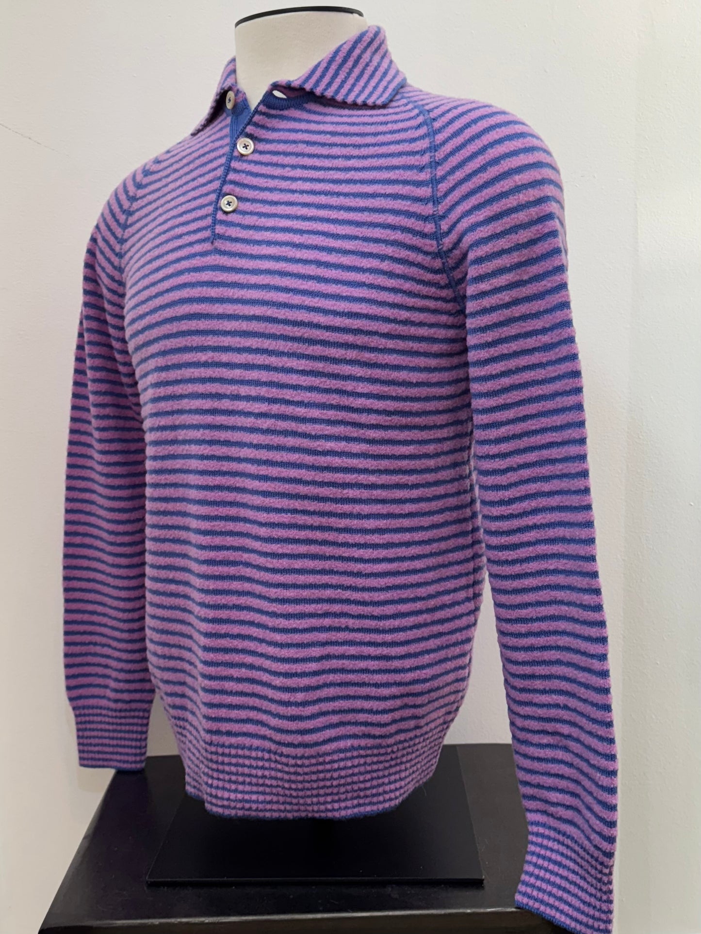 Gallia knit 3 button sweater striped purple and blue