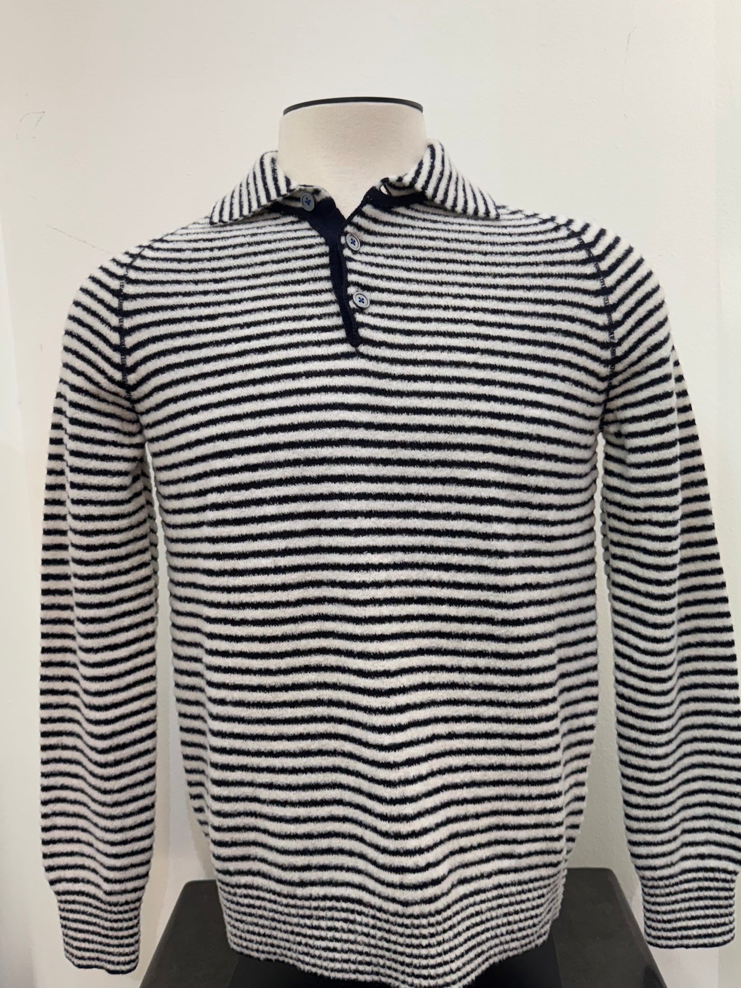 Gallia knit  3 button sweater. Striped black and white